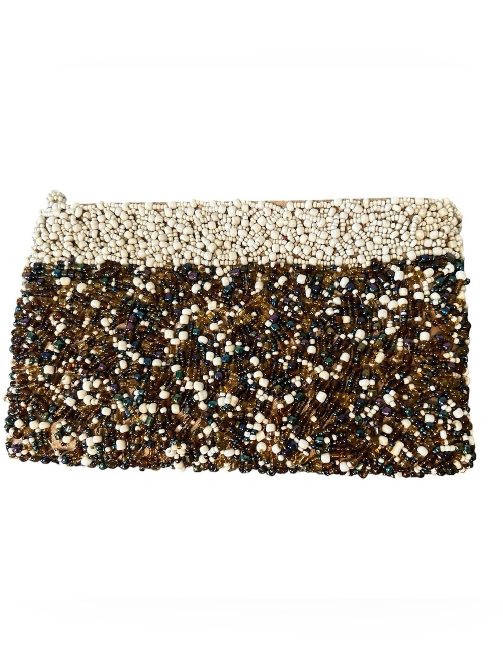 Beaded Two-Tone Evening Clutch - Cream & Brown Sparkle